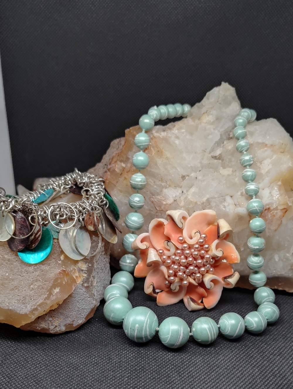 Mint Green Bead Necklace with Coral Flower Brooch And Cha Cha Bracelet Lot
